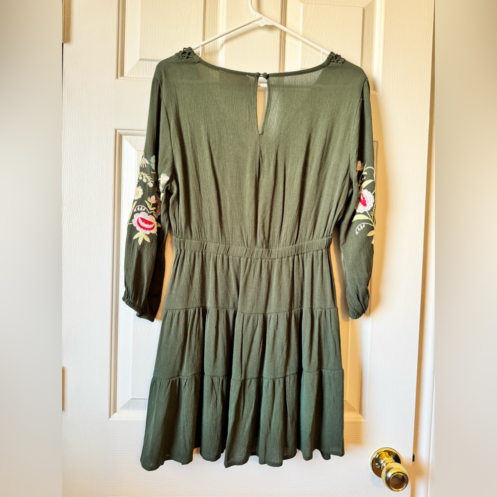 Francesca's Olive Green Embroidered V-Neck Tiered Dress - Picture 4 of 10